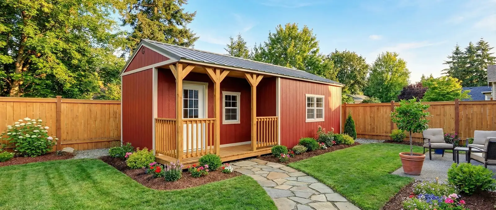 A red Graceland lofted barn with a covered porch set up in a landscaped backyard