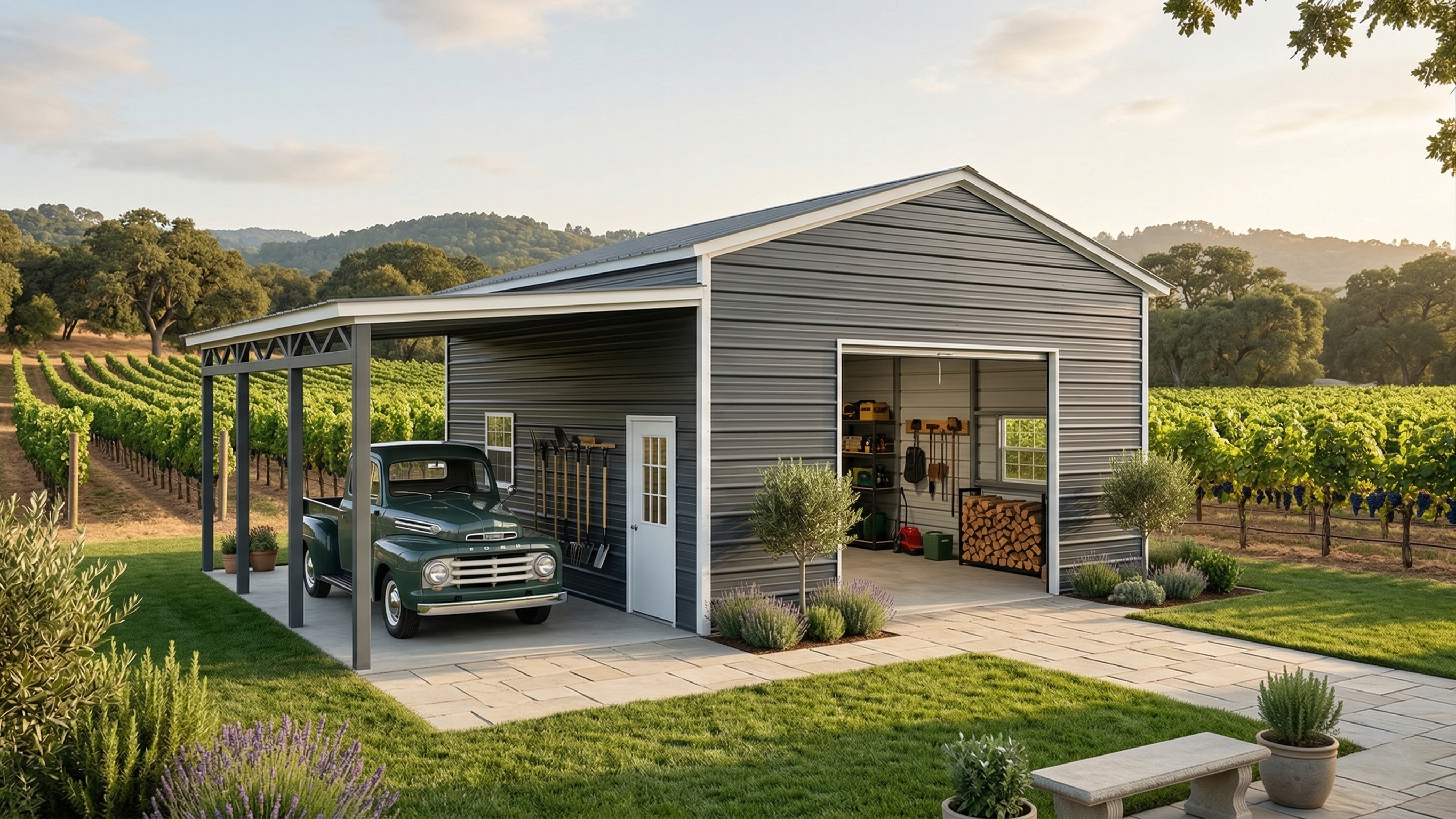 Custom garage with lean-to metal building