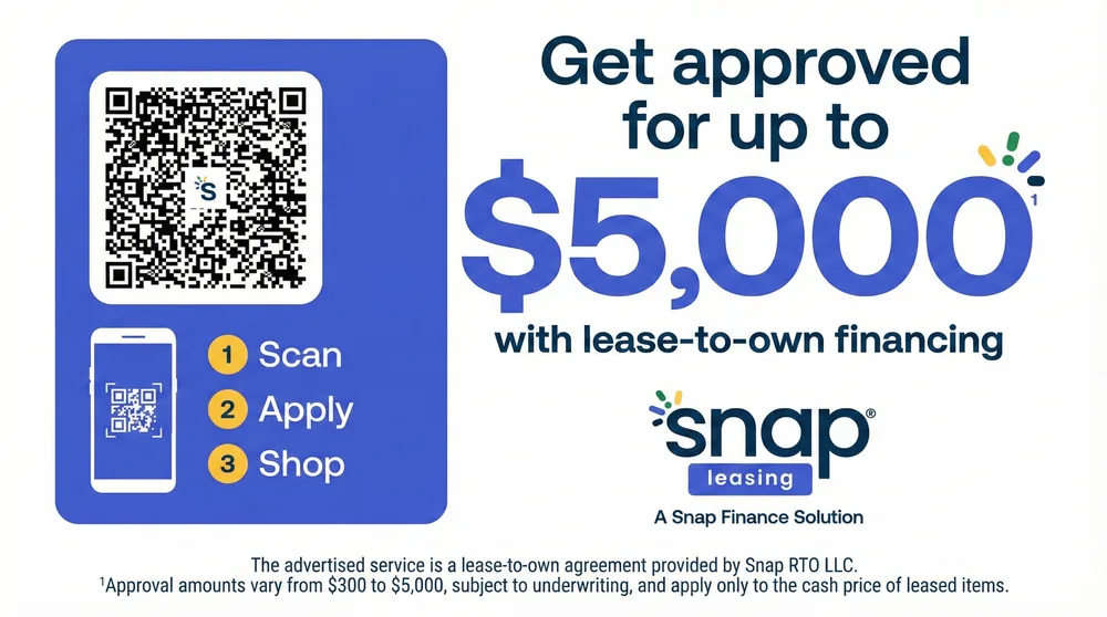 Snap Finance: get approved for up to $5,000 with lease-to-own financing; scan to apply