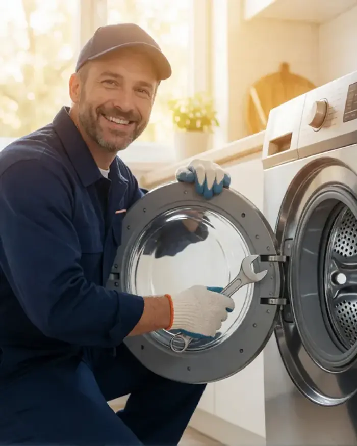 Appliance technician servicing a stainless washing machine